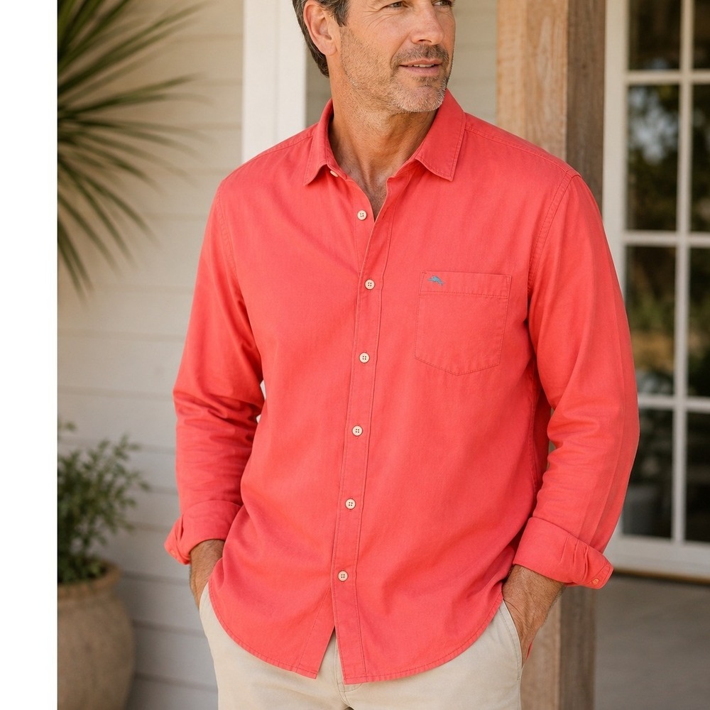 Tommy Bahama Button Down Shirt Mens XL Coral Pink Excellent Cotton Silk Blend